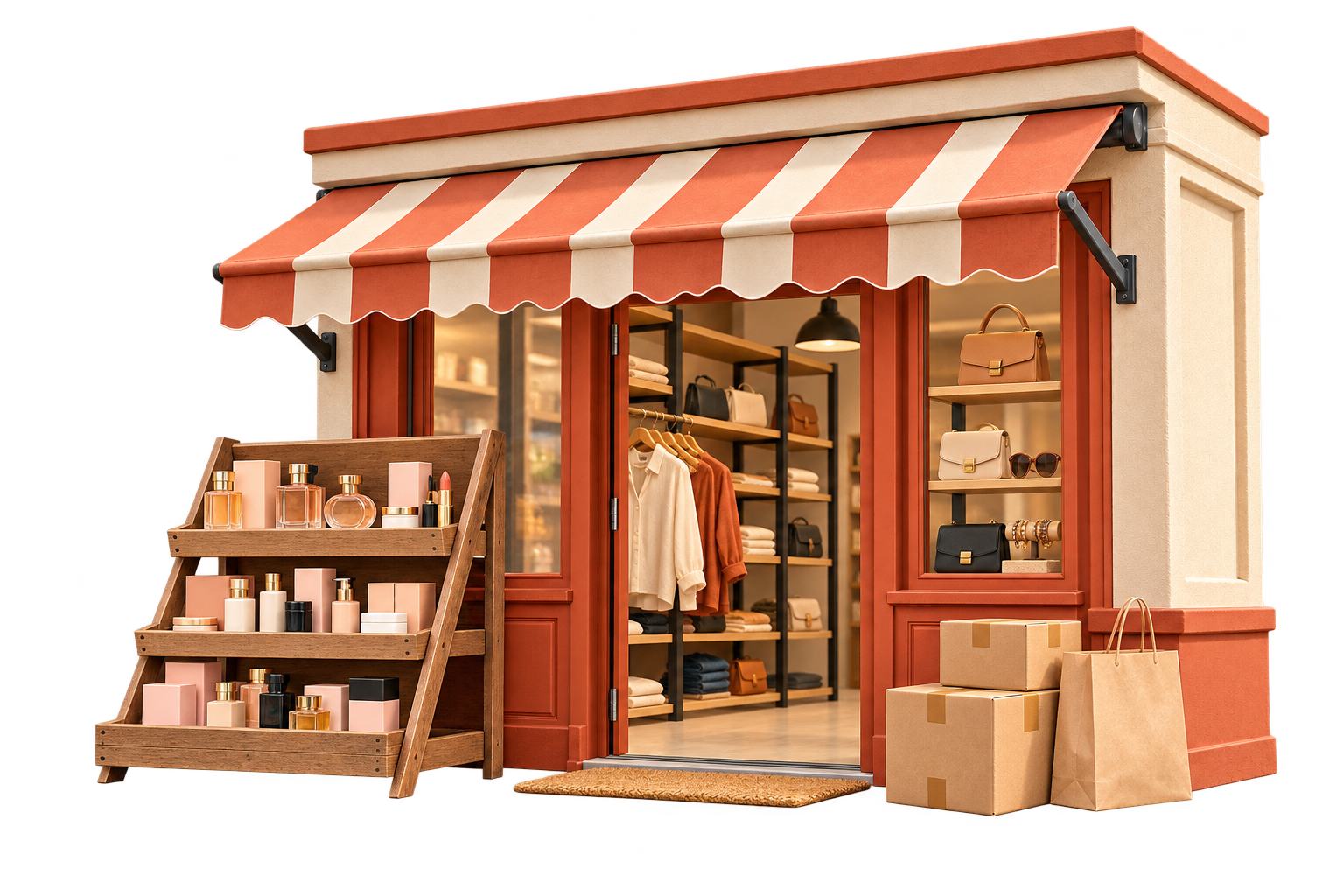 Ilustración de una tienda con prendas, accesorios y productos de belleza, junto a cajas de recepción.