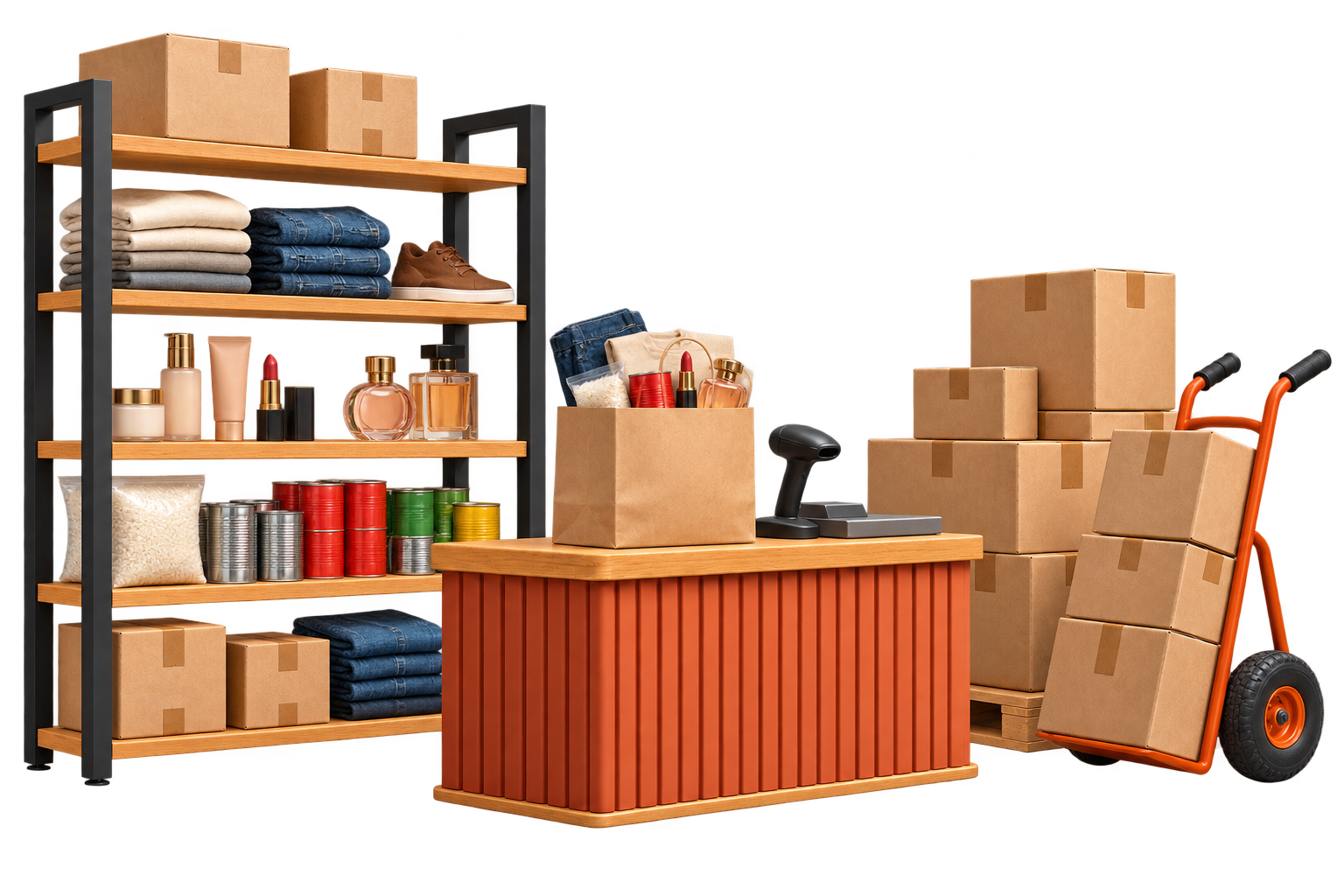 Ilustración de ropa, productos de belleza y abarrotes junto a un mostrador y cajas de recepción.