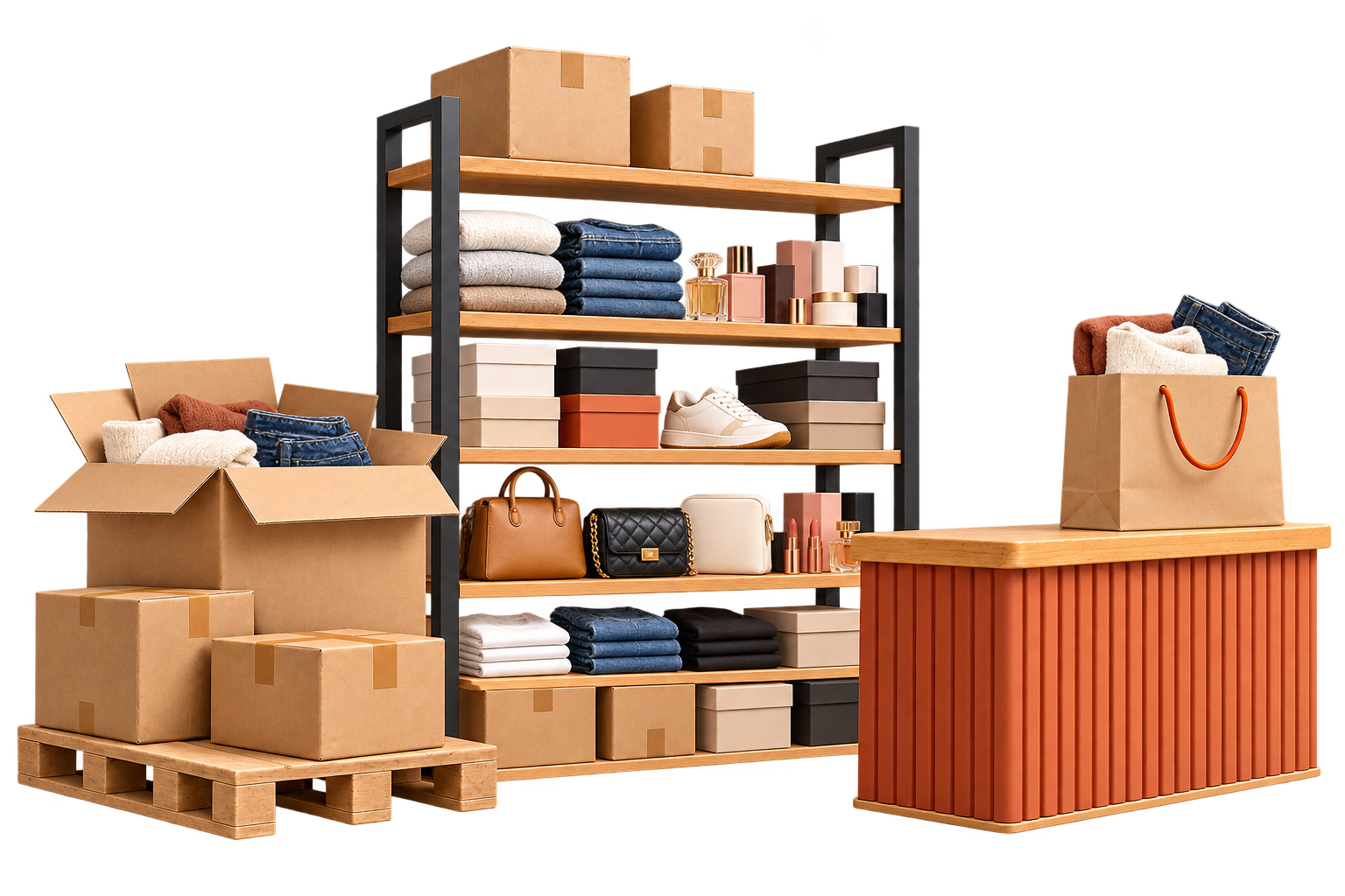Ilustración de ropa, calzado, accesorios y productos de belleza organizados junto a cajas de recepción.